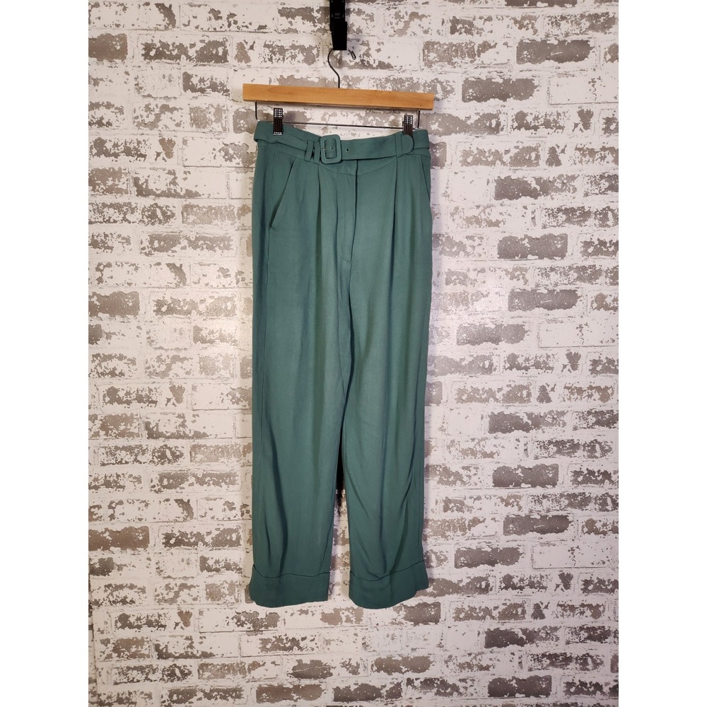 & Other Stories Trouser Pants Size 4 Sage Green Pleated Belt Cuffed Career Crop
